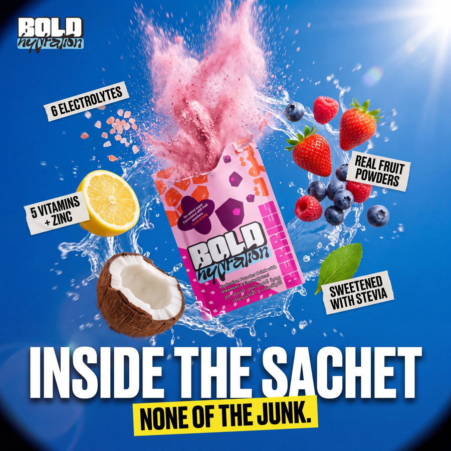 Inside the BOLD Hydration Berries sachet, electrolytes, vitamins, zinc, real fruit powders, sweetened with stevia, no added sugar