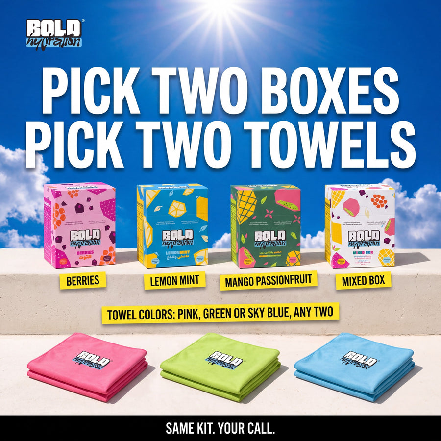 BOLD Duo Kit choices: pick two boxes from Berries, Lemon Mint, Mango Passionfruit or Mixed Box, and any two towels in pink, green or sky blue
