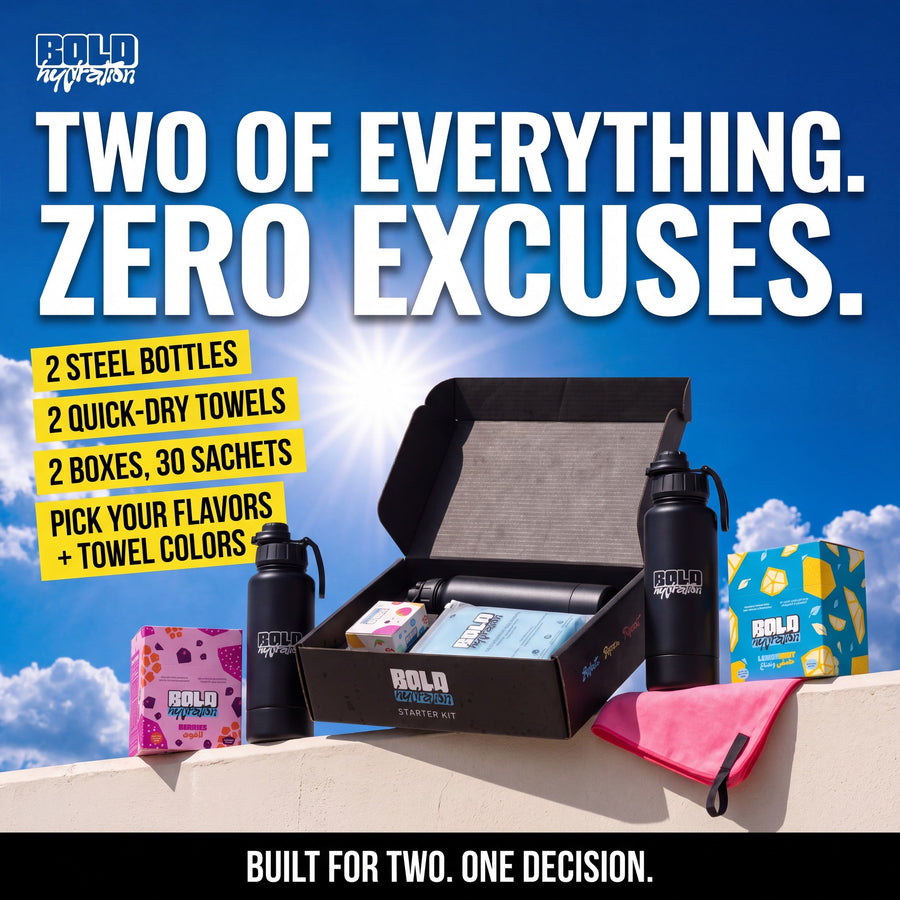 BOLD Hydration Duo Starter Kit, two of everything: 2 steel bottles, 2 quick-dry towels, 2 boxes with 30 sachets, pick your flavors and towel colors
