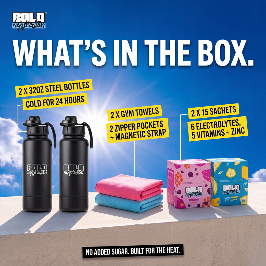 What is in the BOLD Duo Kit: 2 x 32oz steel bottles cold for 24 hours, 2 gym towels with 2 zipper pockets and magnetic strap, 2 x 15 sachets with 6 electrolytes, 5 vitamins and zinc