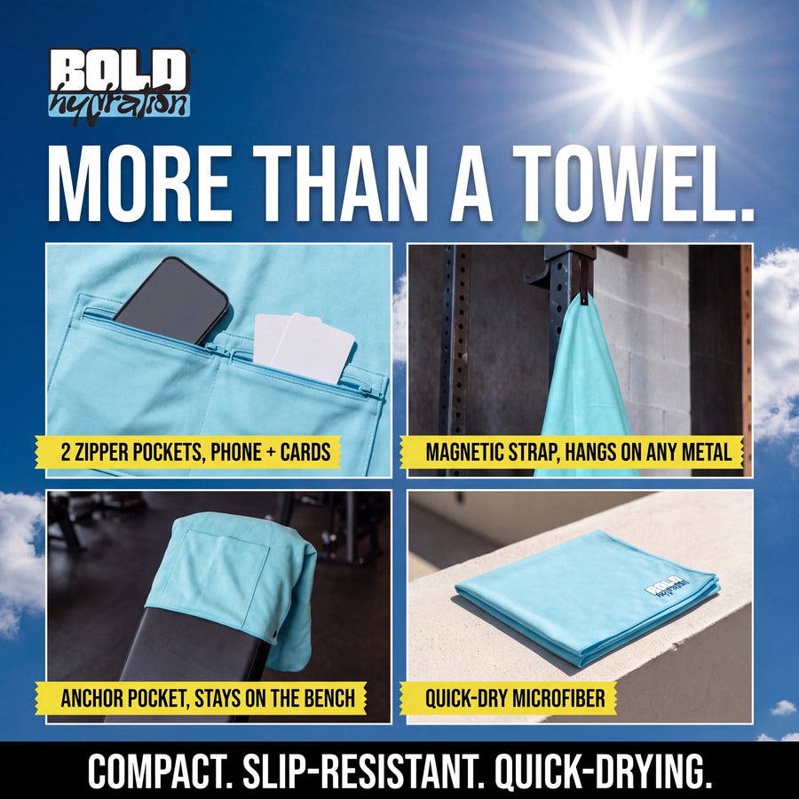BOLD gym towel features: 2 zipper pockets for phone and cards, magnetic strap that hangs on any metal, anchor pocket that stays on the bench, quick-dry microfiber