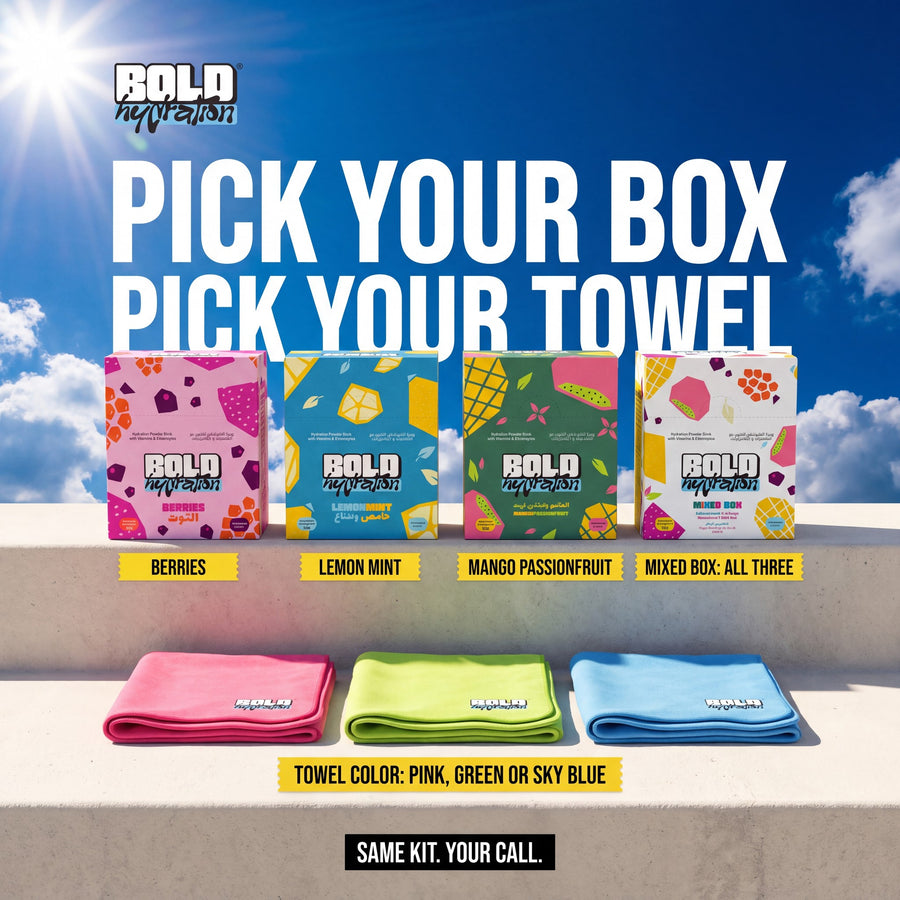 BOLD Starter Kit choices: Berries, Lemon Mint, Mango Passionfruit or Mixed Box, towel in pink, green or sky blue