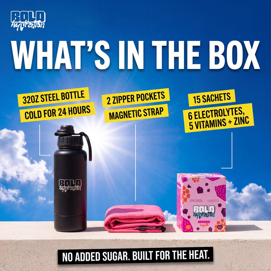 What is in the BOLD Starter Kit: 32oz steel bottle cold for 24 hours, gym towel with 2 zipper pockets and magnetic strap, 15 sachets with 6 electrolytes, 5 vitamins and zinc