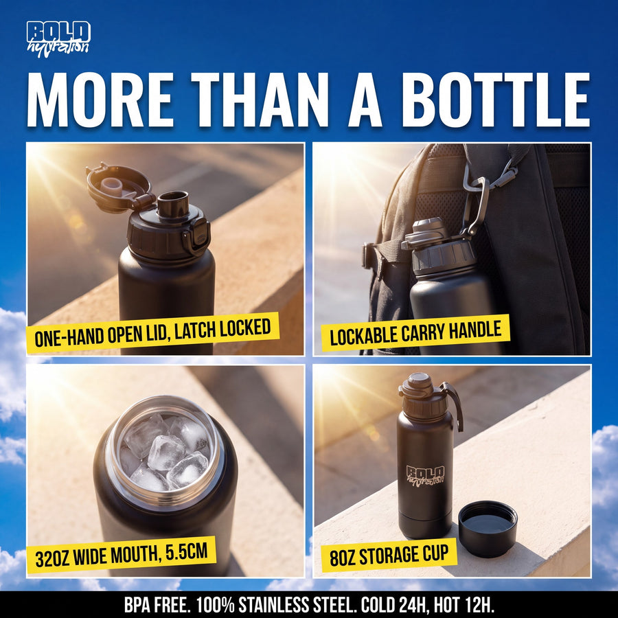 BOLD Duo Kit bottle features: one-hand open lid with latch, lockable carry handle, 5.5cm wide mouth, 8oz storage cup, BPA free, cold 24 hours, hot 12