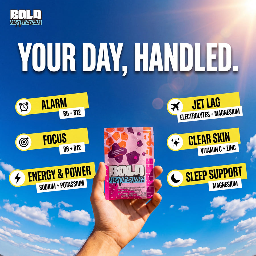 BOLD Hydration benefits through your day, alarm, focus, energy and power, jet lag, clear skin, sleep support